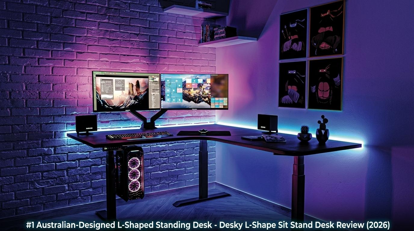 australian standing desk, l-shaped sit stand desk, desky l shape desk, australian sit stand desk review, ergonomic standing desk australia, office furniture australia, adjustable l-shaped desk, australia office desks, commercial standing desk australia, best australian standing desk